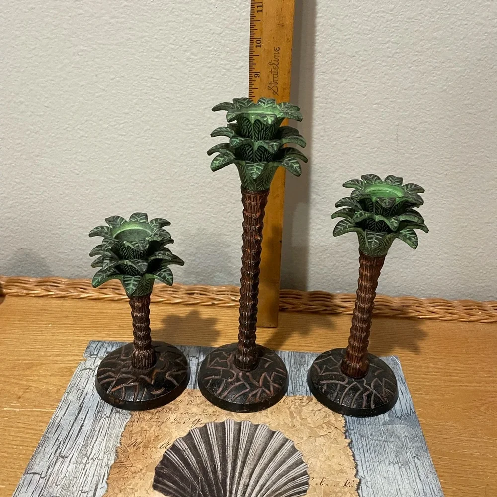Vintage Bronze Palm Tree Candlestick Holders Set of 3 Tropical Verdigris Decor